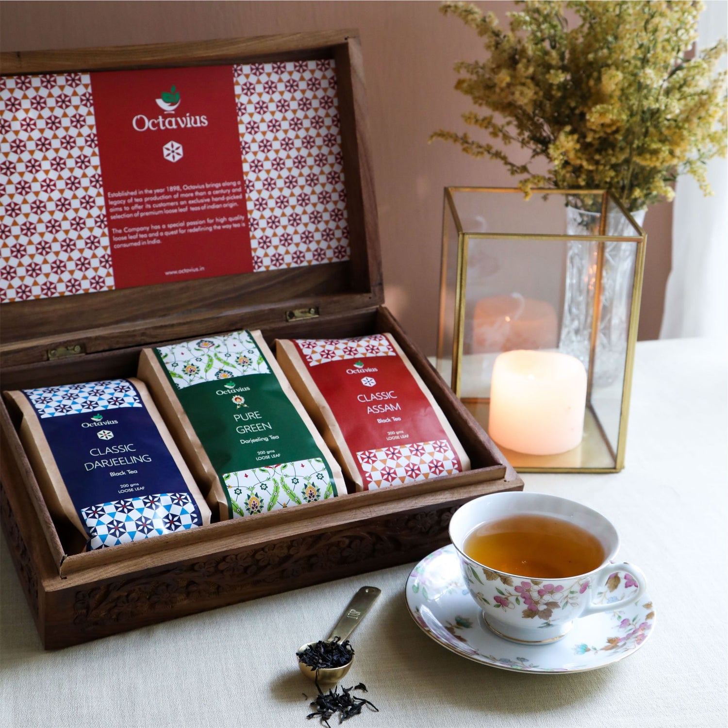 Indian Tea Collection - Premium Black & Green Whole Leaf Teas In Handcrafted Sheesham Wood Box