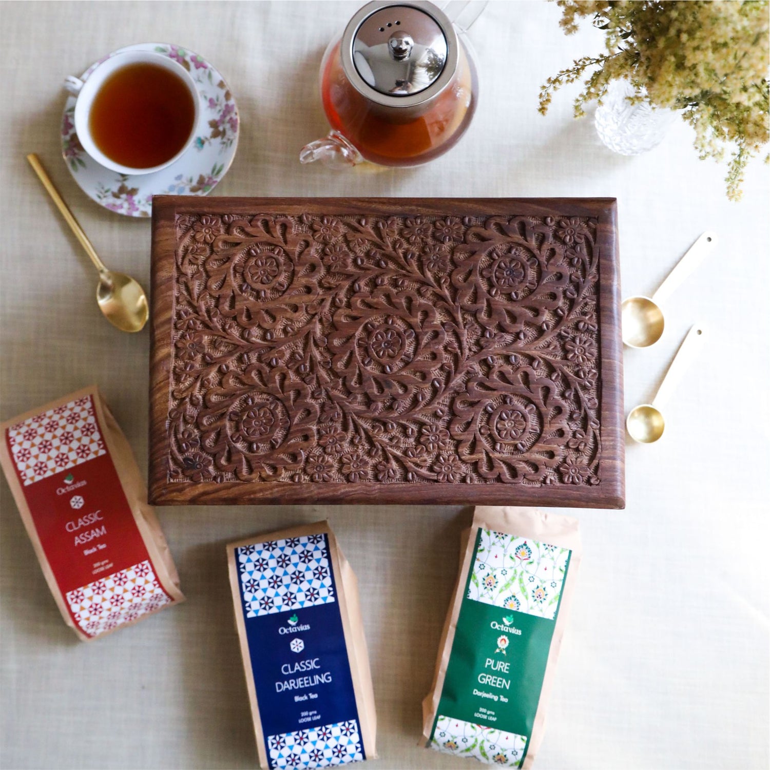 Indian Tea Collection - Premium Black & Green Whole Leaf Teas In Handcrafted Sheesham Wood Box