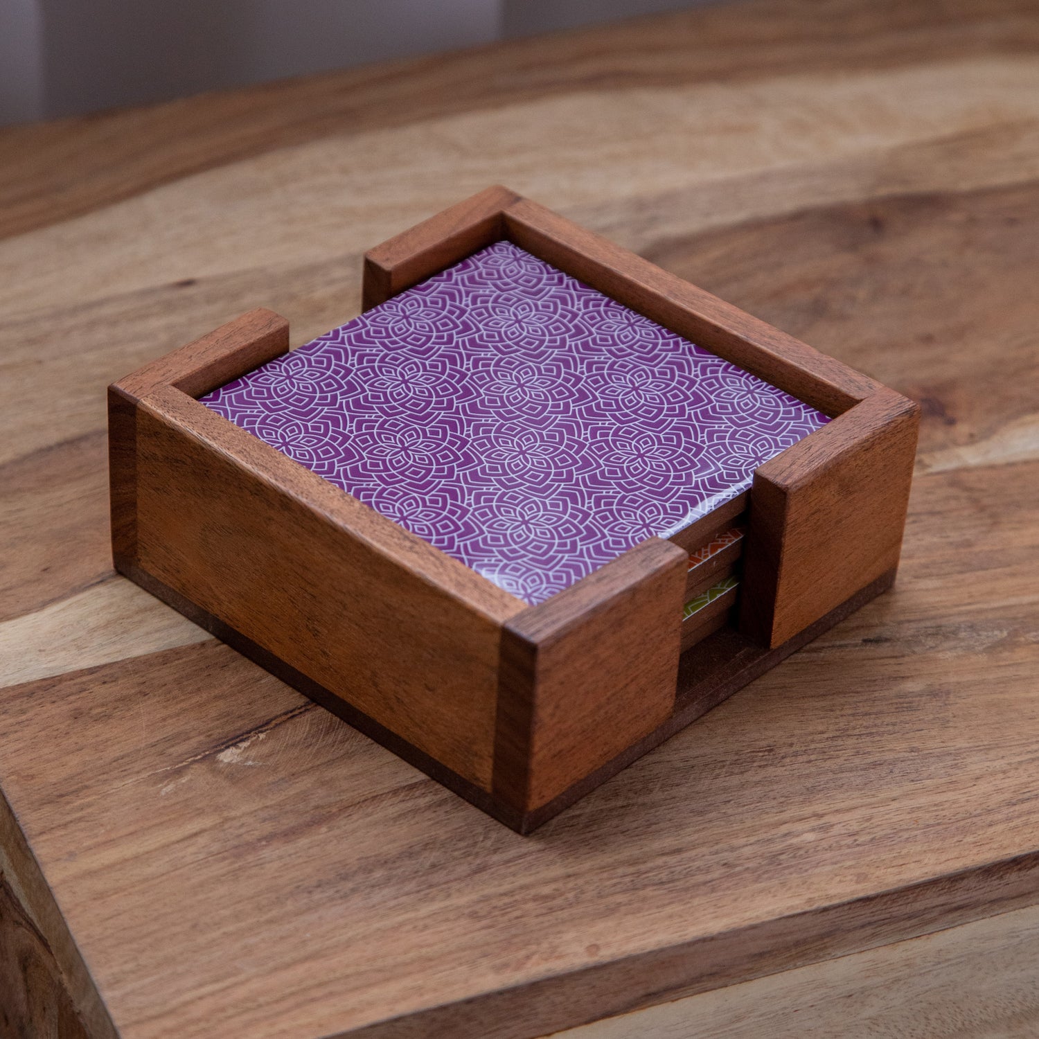 Printed Wooden Coasters With Holder- Set of Six