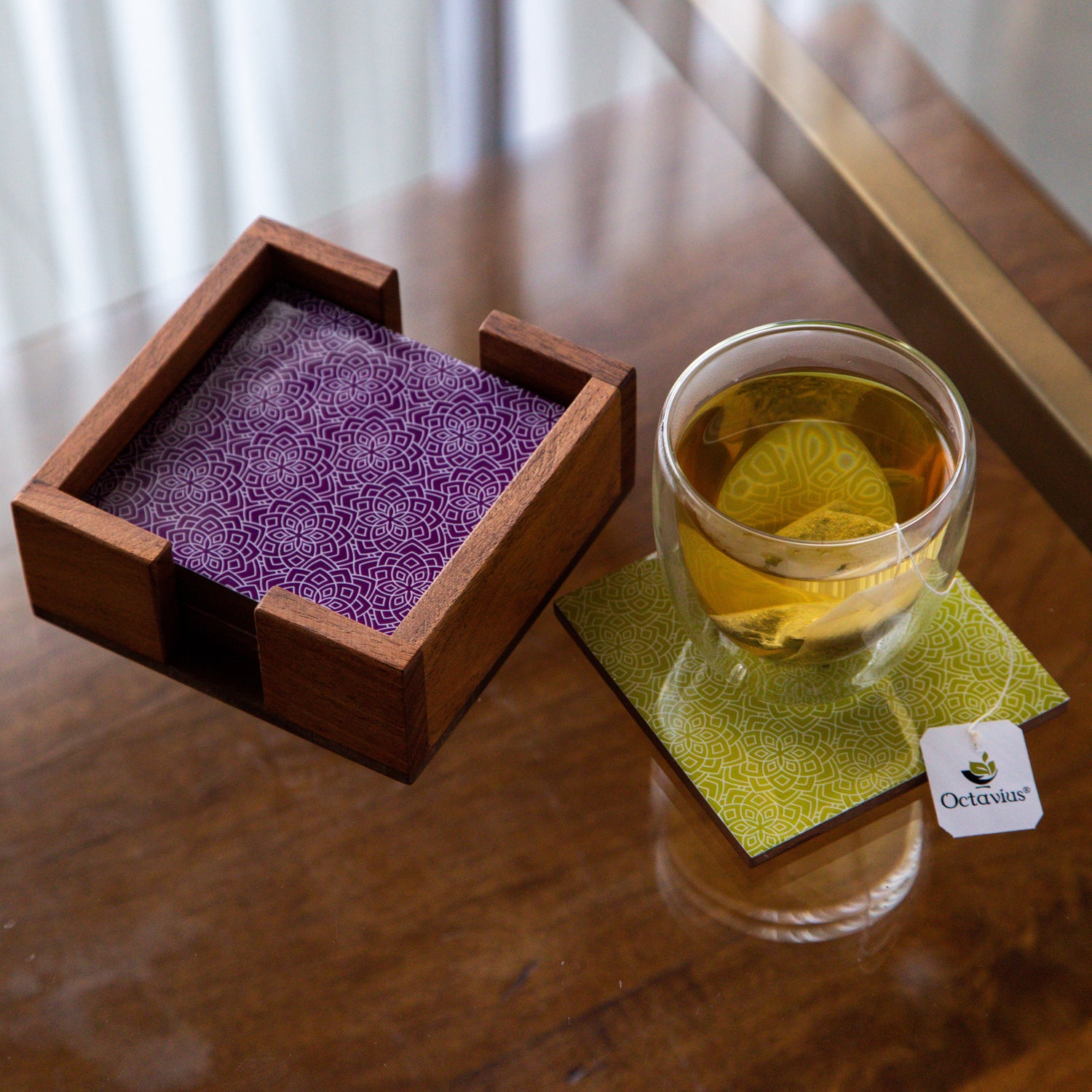 Printed Wooden Coasters With Holder- Set of Six