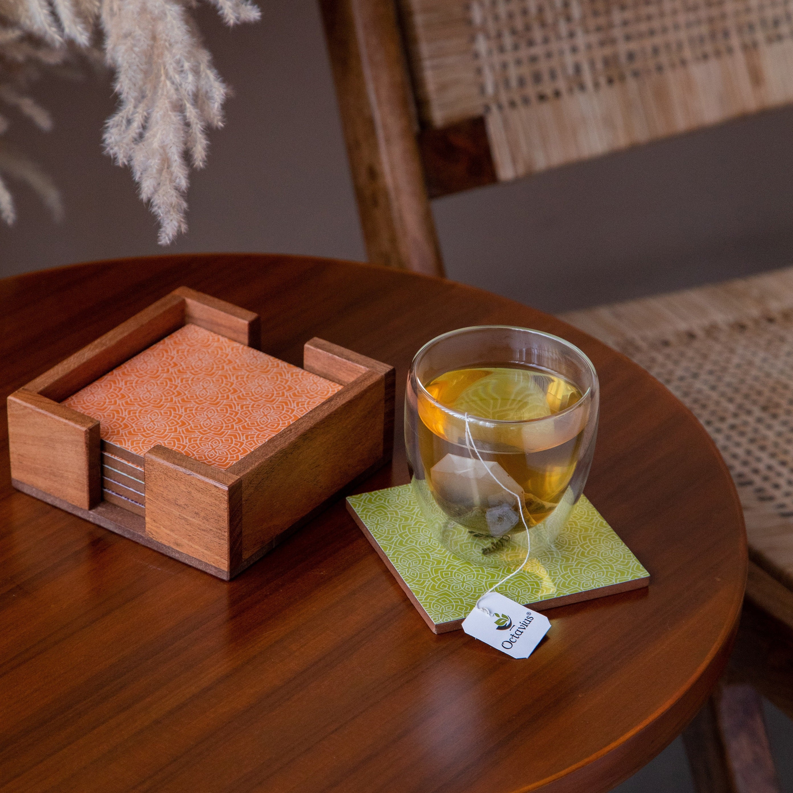 Printed Wooden Coasters With Holder- Set of Six