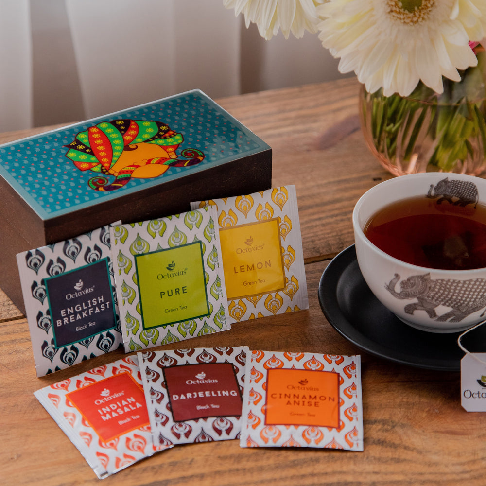 
                  
                    Load image into Gallery viewer, Assortment of Fine Teas- 30 Teabags in Desi print Wooden box
                  
                