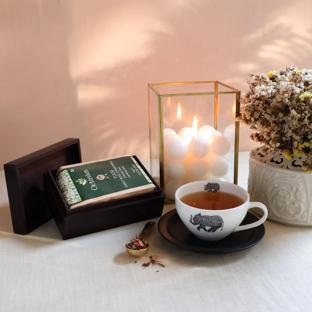 Tulsi Sweet Rose Chamomile Herbal Tea in Elephant Print Wooden Box (Caffeine Free)