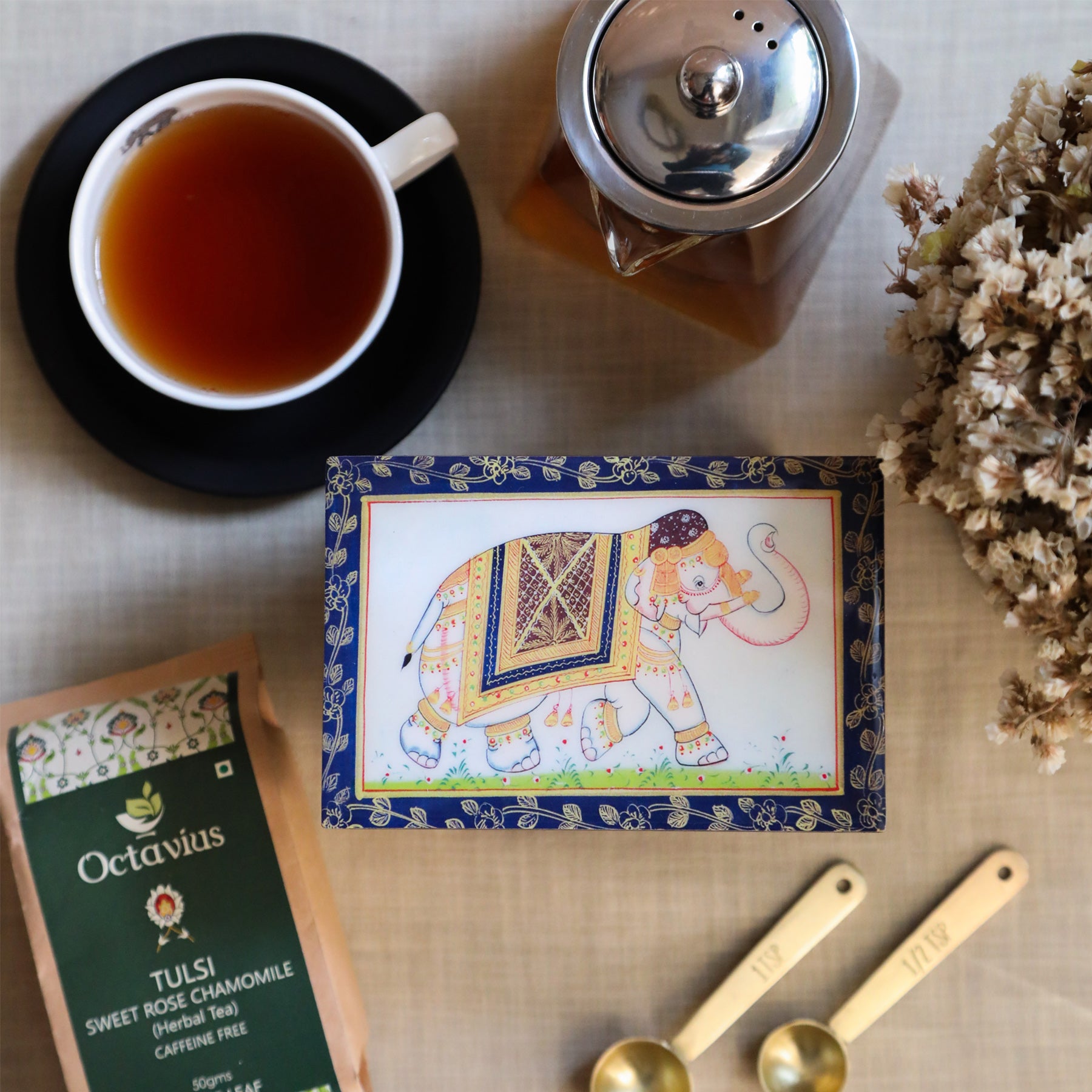 Tulsi Sweet Rose Chamomile Herbal Tea in Elephant Print Wooden Box (Caffeine Free)