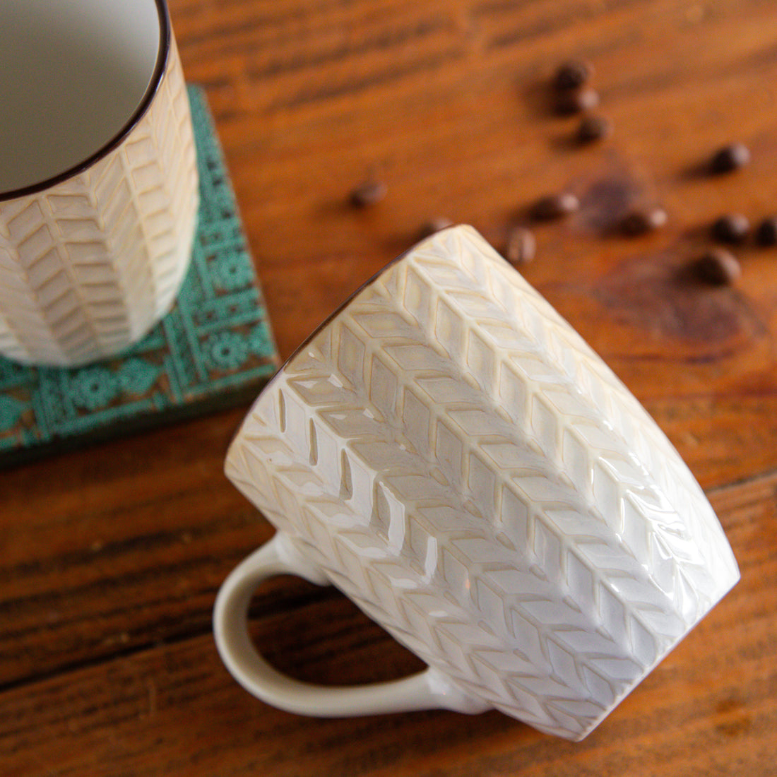 Luxe Weave Coffee Mug – Ivory Elegance (Set of 2) – 300 ml