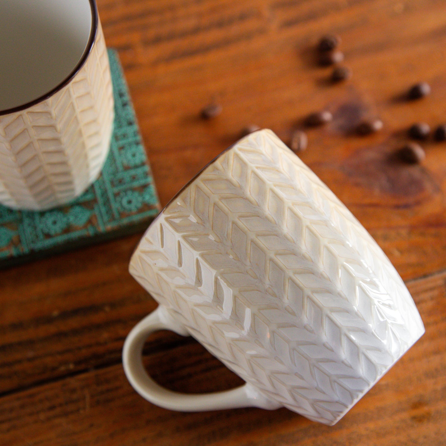 Luxe Weave Coffee Mug – Ivory Elegance (Set of 2) – 300 ml