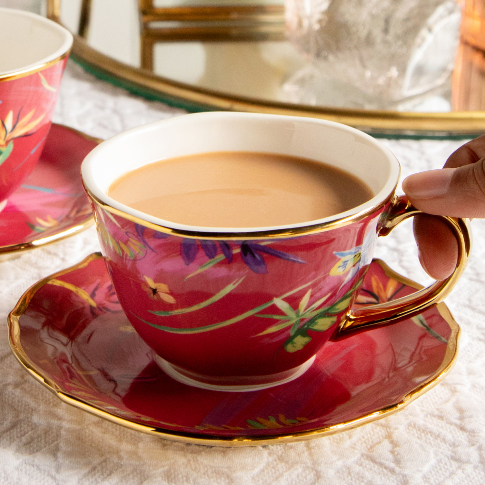 Imperial Crimson Bloom Tea Set (6 Cups &amp; Saucers) – 200 ml