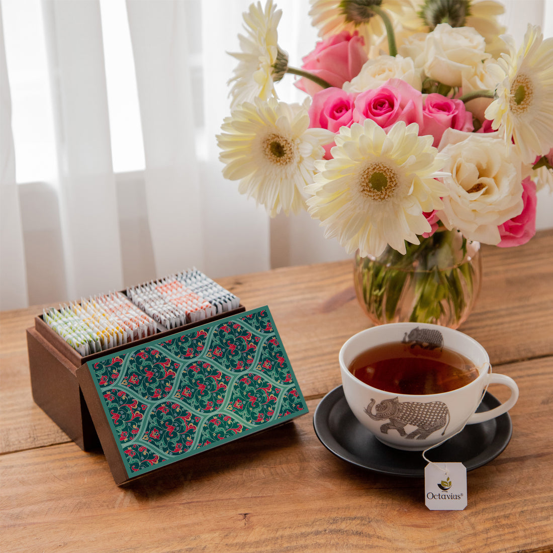 Assortment of Fine Teas- 30 Teabags in Ornate Floral Art Wooden Box