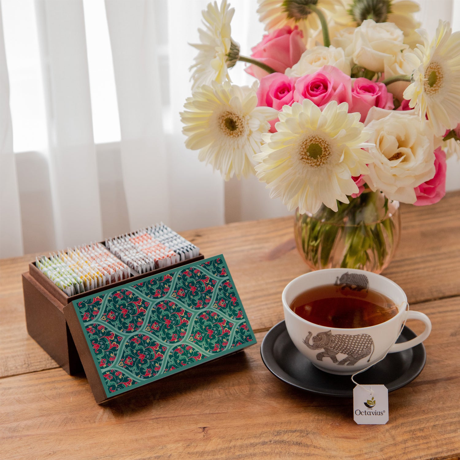 Assortment of Fine Teas- 30 Teabags in Ornate Floral Art Wooden Box