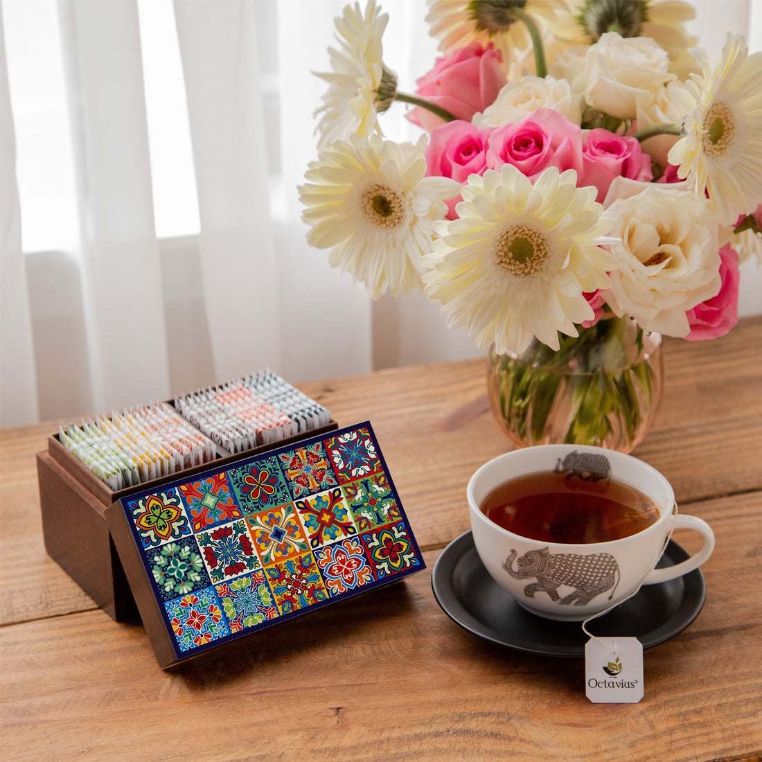 Assortment of Fine Teas- 30 Tea Bags in Tile Motif Wooden box