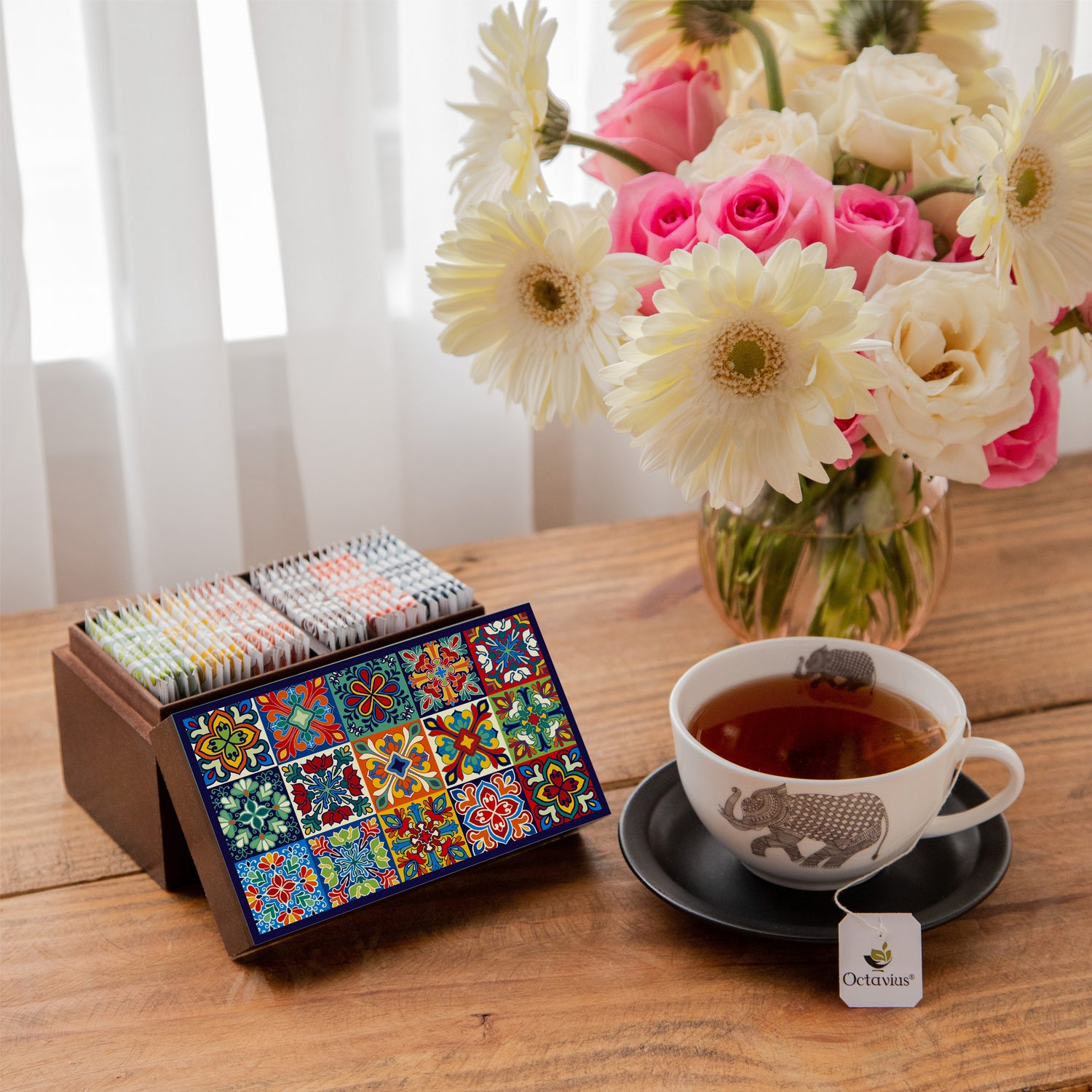 Assortment of Fine Teas- 30 Tea Bags in Tile Motif Wooden box