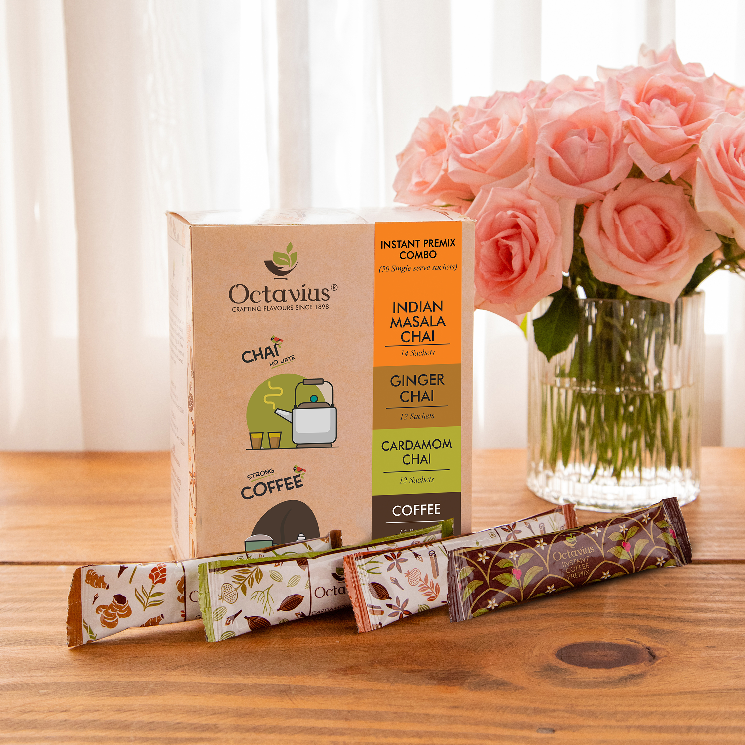 4 in 1 Instant Premix - Indian Masala, Cardamom,  Ginger &amp; Coffee Pack of 50 sachets