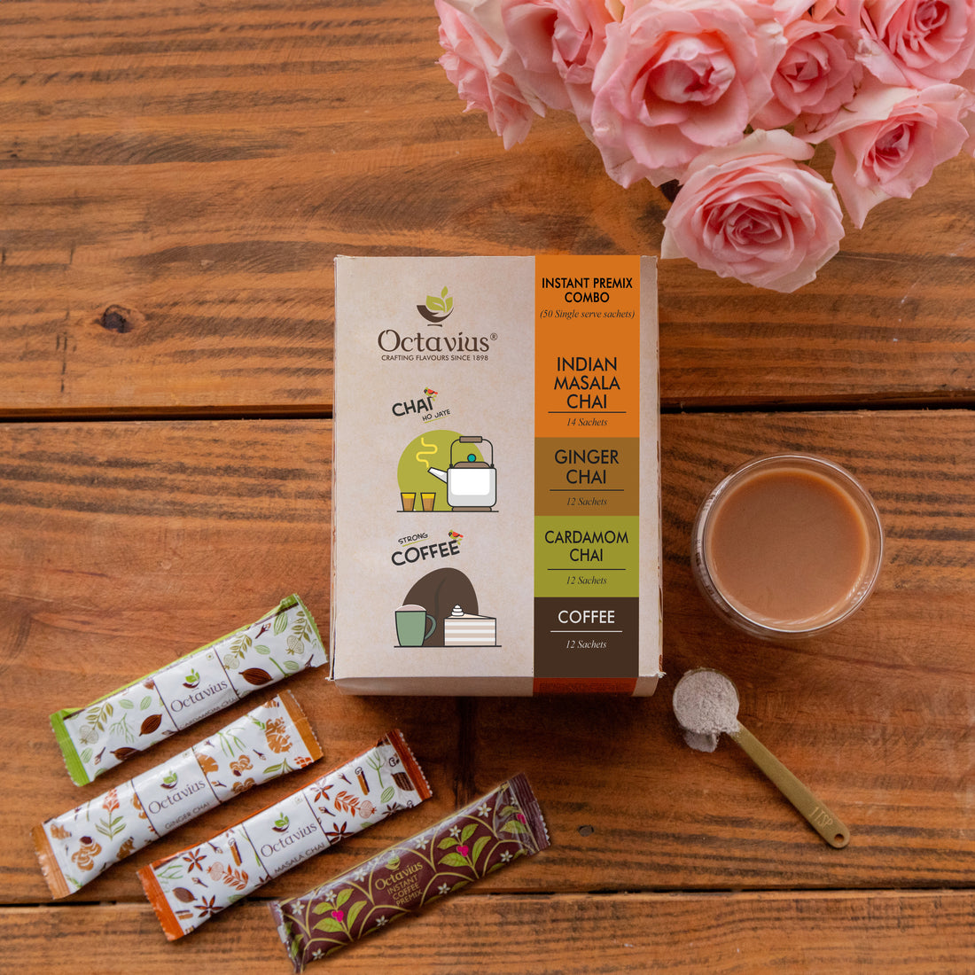 4 in 1 Instant Premix - Indian Masala, Cardamom,  Ginger &amp; Coffee Pack of 50 sachets