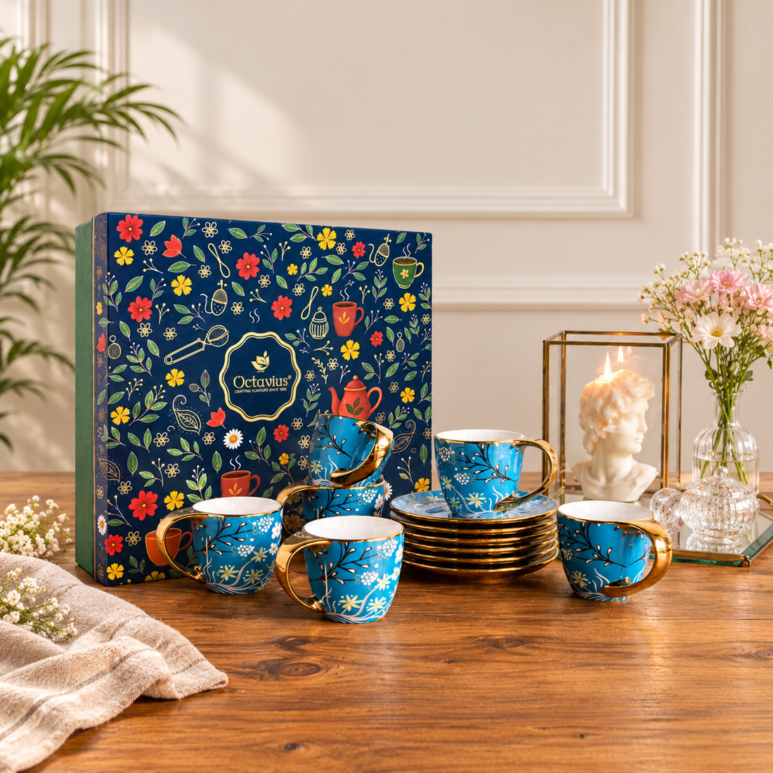 Royal Azure Bloom Tea Set (6 Cups & Saucers) – 200 ML Each