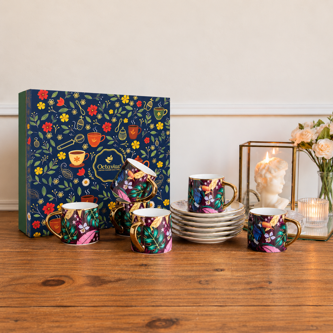 Golden Rainforest Tea Set (6 Cups &amp; Saucers) – 200 ml Each