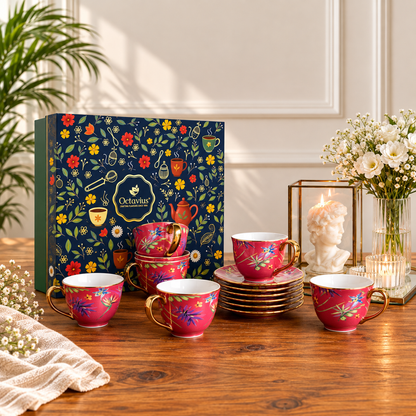 Imperial Crimson Bloom Tea Set (6 Cups &amp; Saucers) – 200 ml