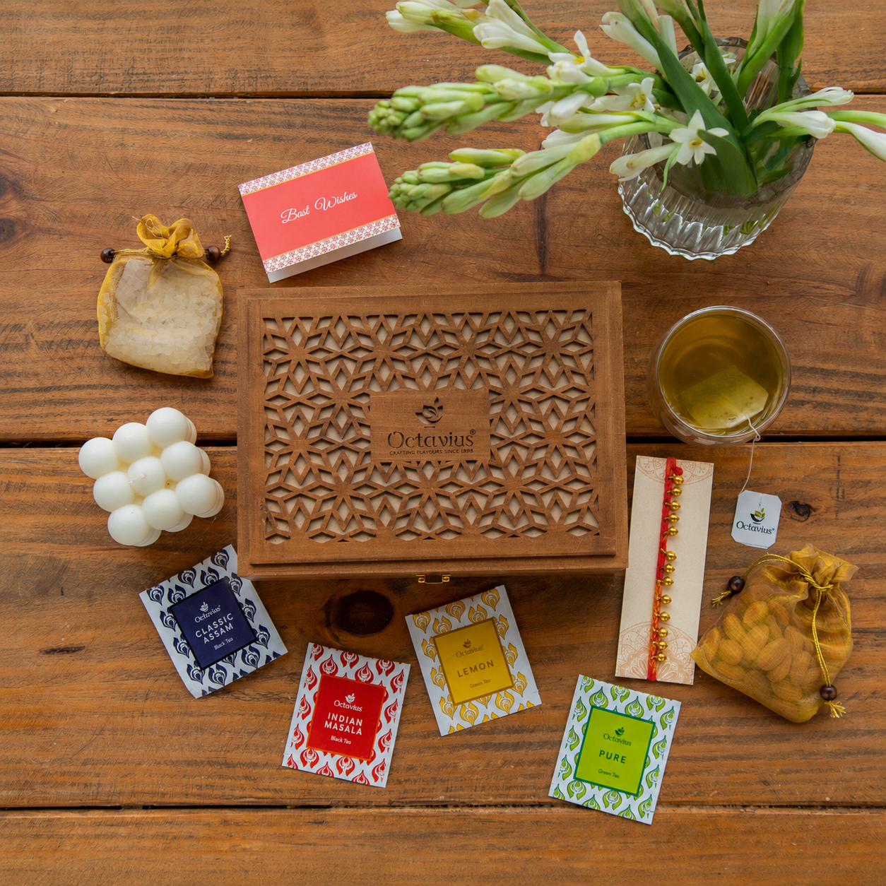 Luxury Rakhi Gift Box - 60 Tea Bags , Designer Rakhi &amp; Lavender Candle