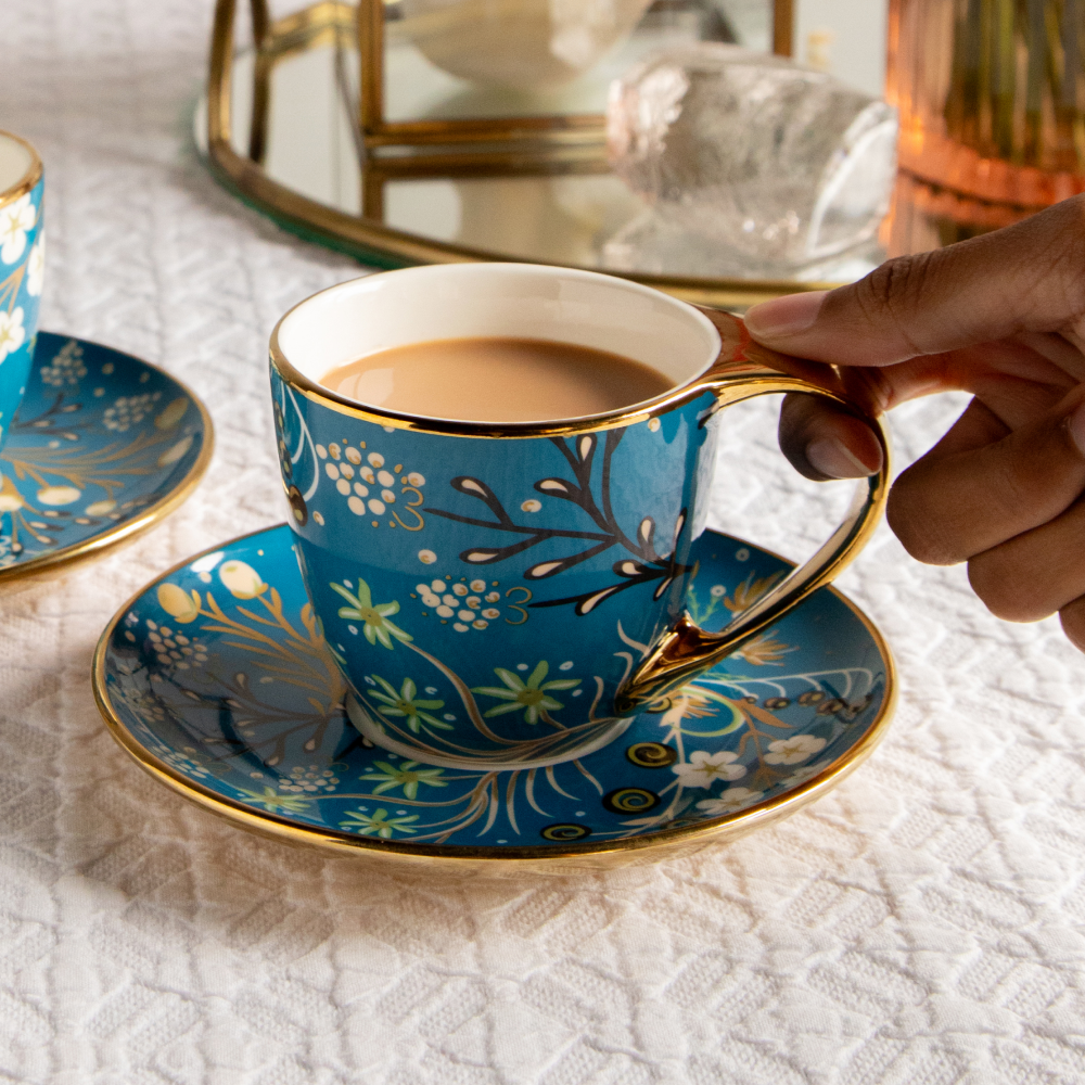 Royal Azure Bloom Tea Set (6 Cups &amp; Saucers) – 200 ML Each
