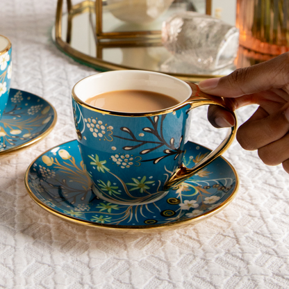 Royal Azure Bloom Tea Set (6 Cups &amp; Saucers) – 200 ML Each