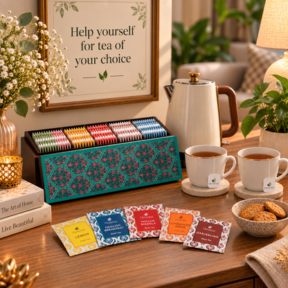 Assortment of Fine Teas- 60 Black &amp; Green Teabags in Ornate Floral Art Wooden Box