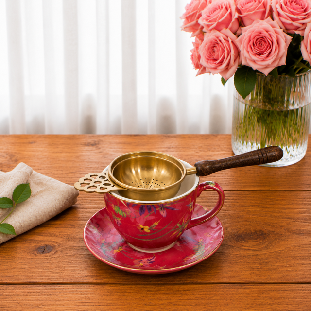 Brass Tea Strainer with Wooden Handle &amp; Holder – Loose Leaf Tea Strainer