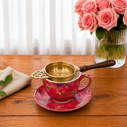 Brass Tea Strainer with Wooden Handle &amp; Holder – Loose Leaf Tea Strainer