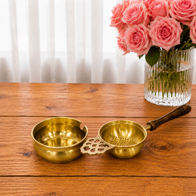 Brass Tea Strainer with Wooden Handle &amp; Holder – Loose Leaf Tea Strainer