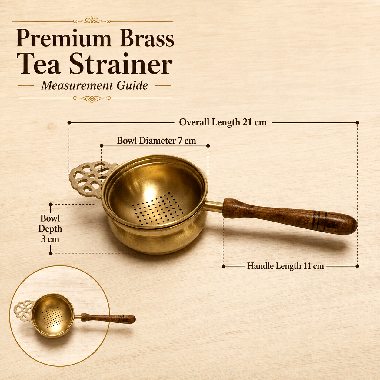Brass Tea Strainer with Wooden Handle &amp; Holder – Loose Leaf Tea Strainer