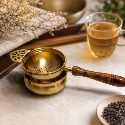 Brass Tea Strainer with Wooden Handle &amp; Holder – Loose Leaf Tea Strainer