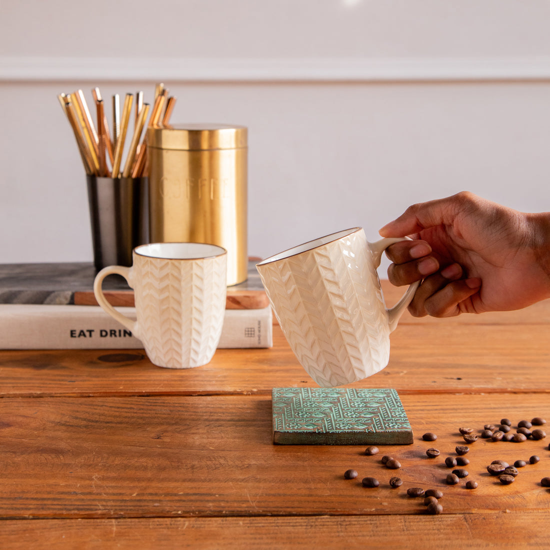 Luxe Weave Coffee Mug – Ivory Elegance (Set of 2) – 300 ml