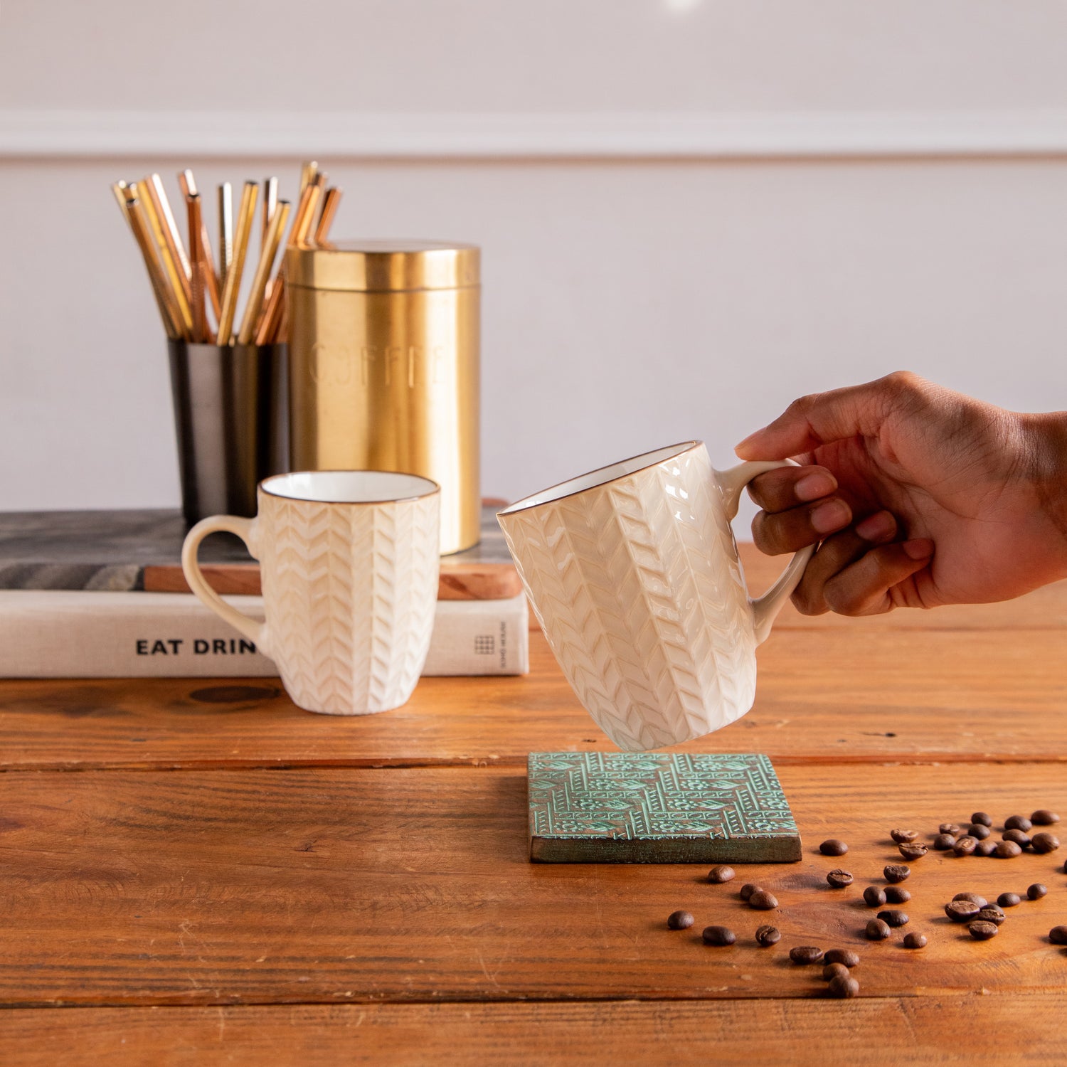 Luxe Weave Coffee Mug – Ivory Elegance (Set of 2) – 300 ml