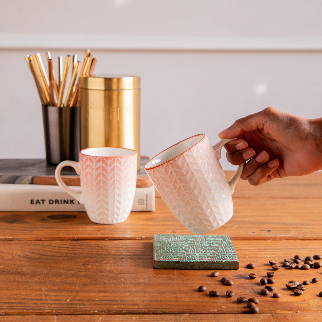 Luxe Weave Coffee Mug – Sunset Coral (Set of 2) – 300 ml