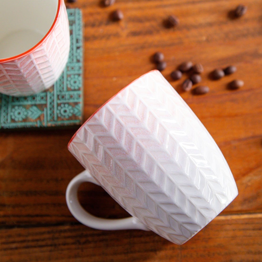 Luxe Weave Coffee Mug – Sunset Coral (Set of 2) – 300 ml