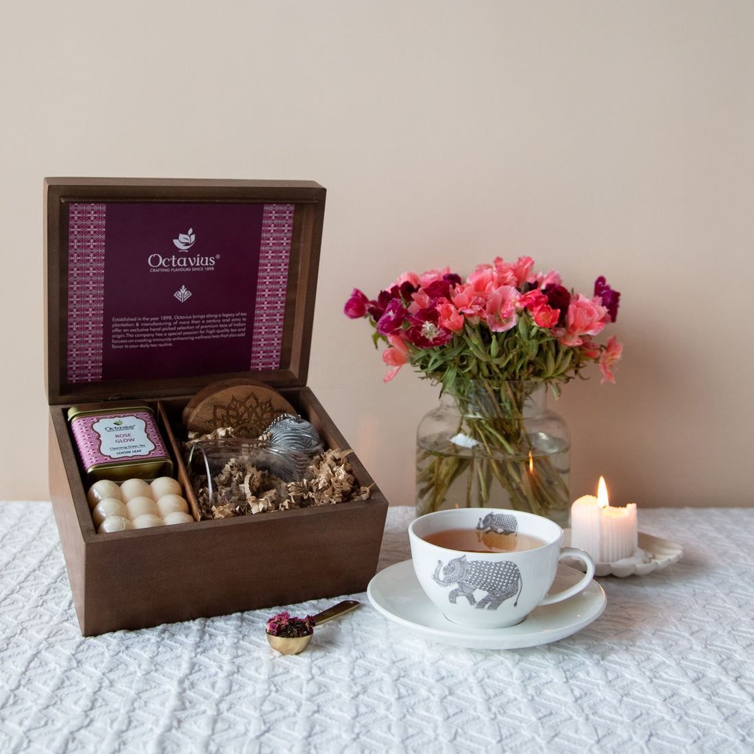 Grand Indulgence Tea Hamper (1 wellness tea, infuser, cup, coasters &amp; organic bubble candle)