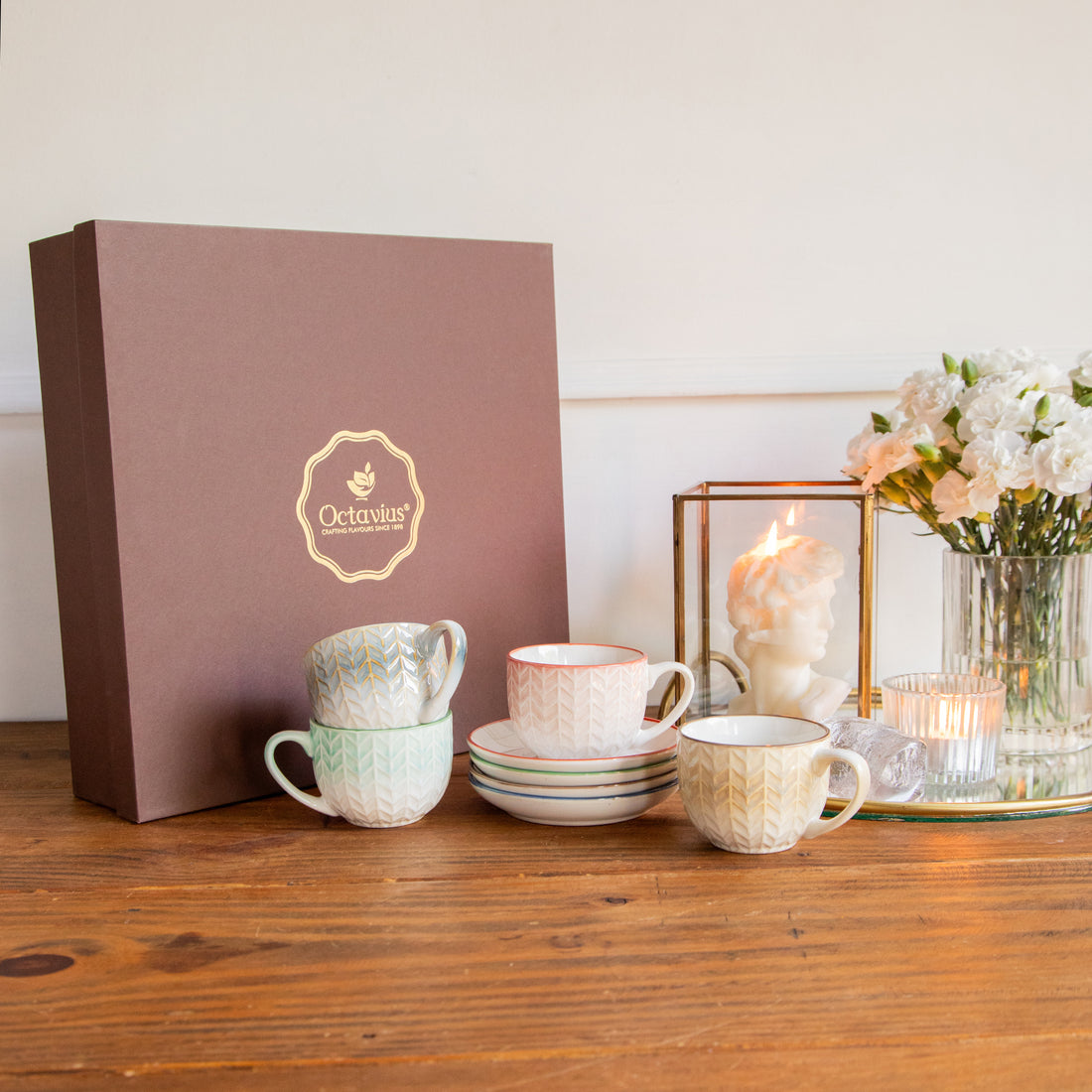 Chroma Charm Tea Set – Set of 4 Cups &amp; Saucers (200 ml each)