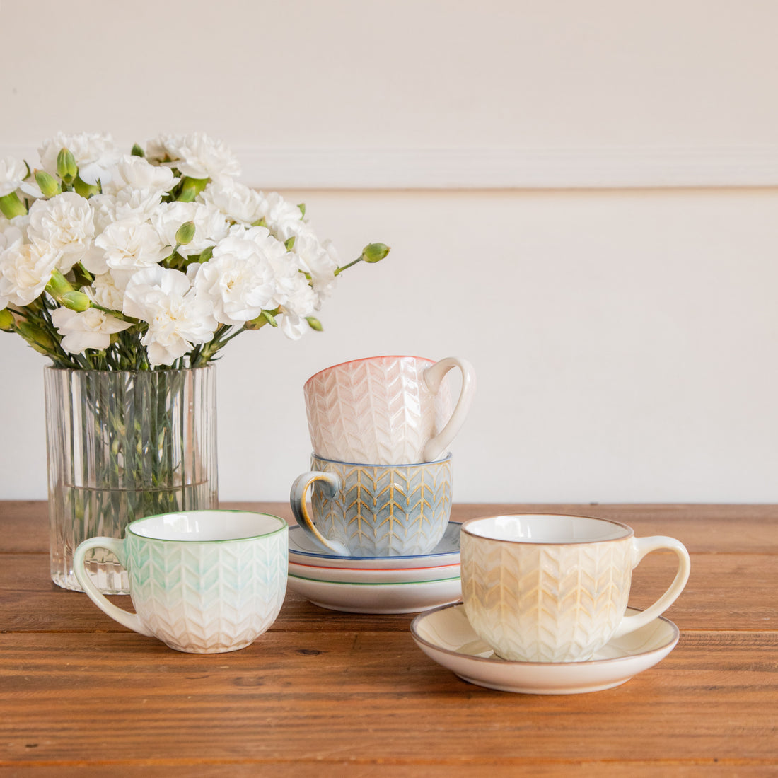 Chroma Charm Tea Set – Set of 4 Cups &amp; Saucers (200 ml each)