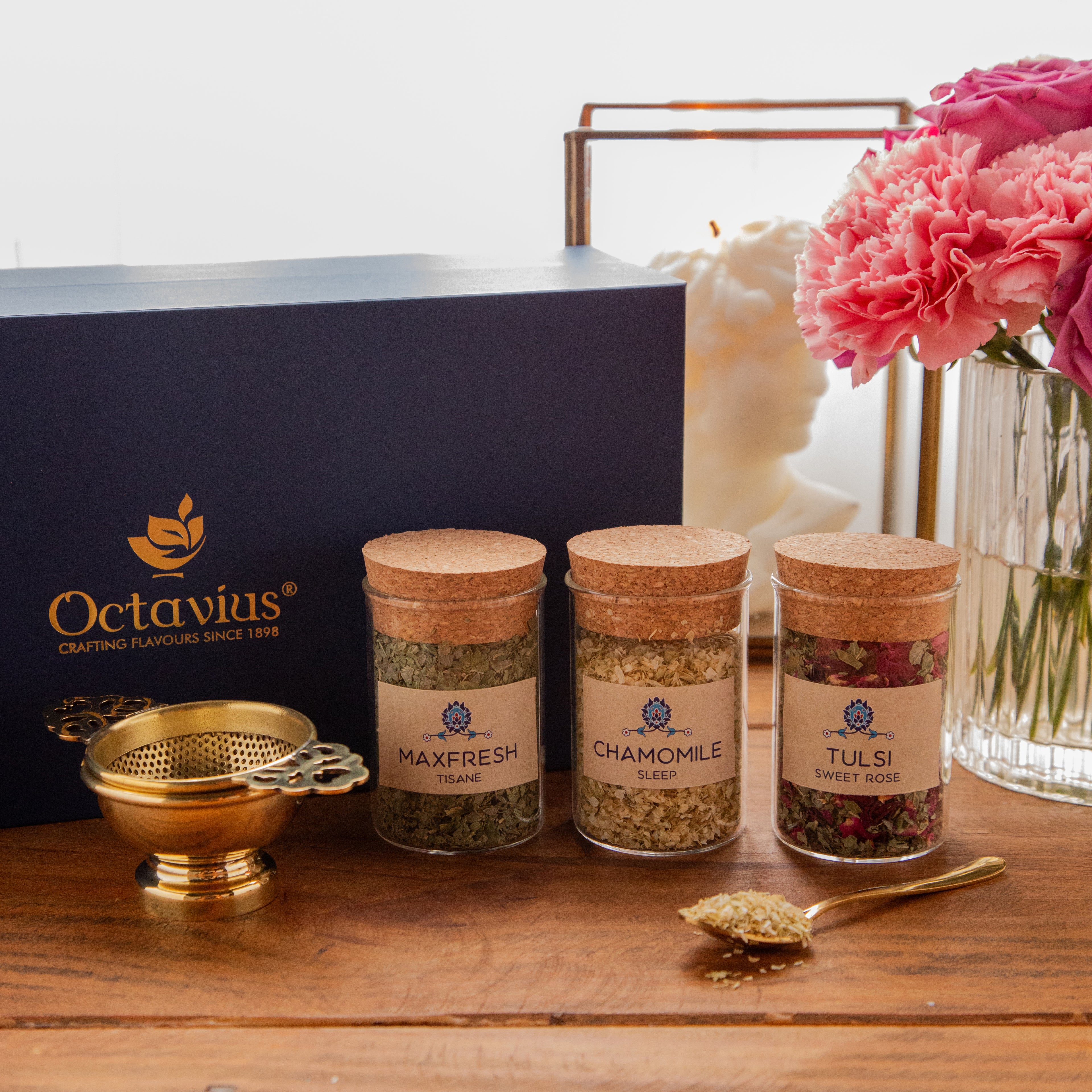 Tea Time Treasure – Wellness Infusions (3 Caffeine-Free Teas with Brass Strainer &amp; Golden Spoon)