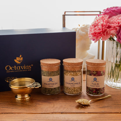 Tea Time Treasure – Wellness Infusions (3 Caffeine-Free Teas with Brass Strainer &amp; Golden Spoon)