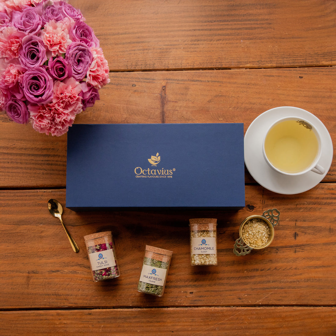 Tea Time Treasure – Wellness Infusions (3 Caffeine-Free Teas with Brass Strainer & Golden Spoon)