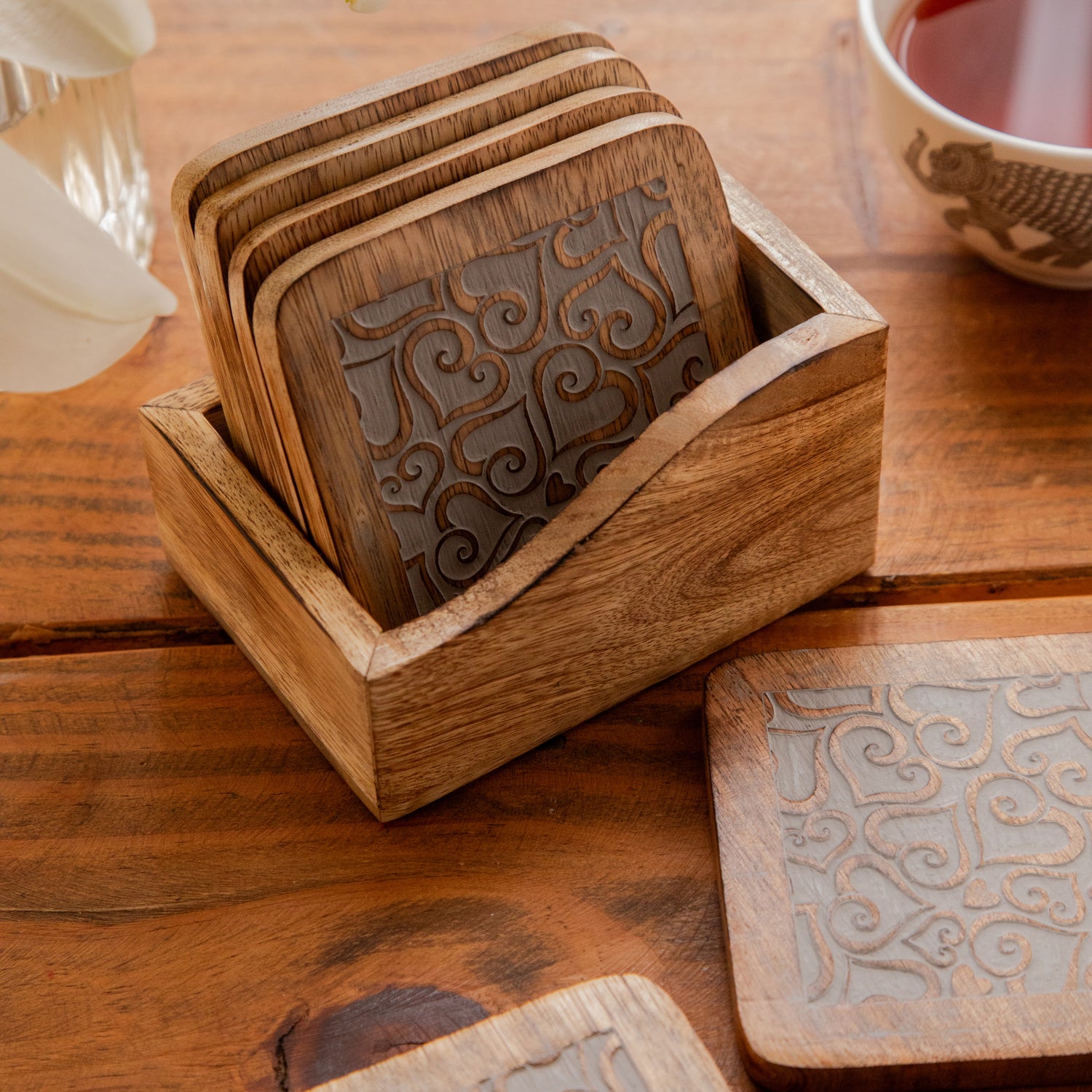 Ornate Swirl Sesham Wood Coasters with Holder – Handcrafted Set of 6