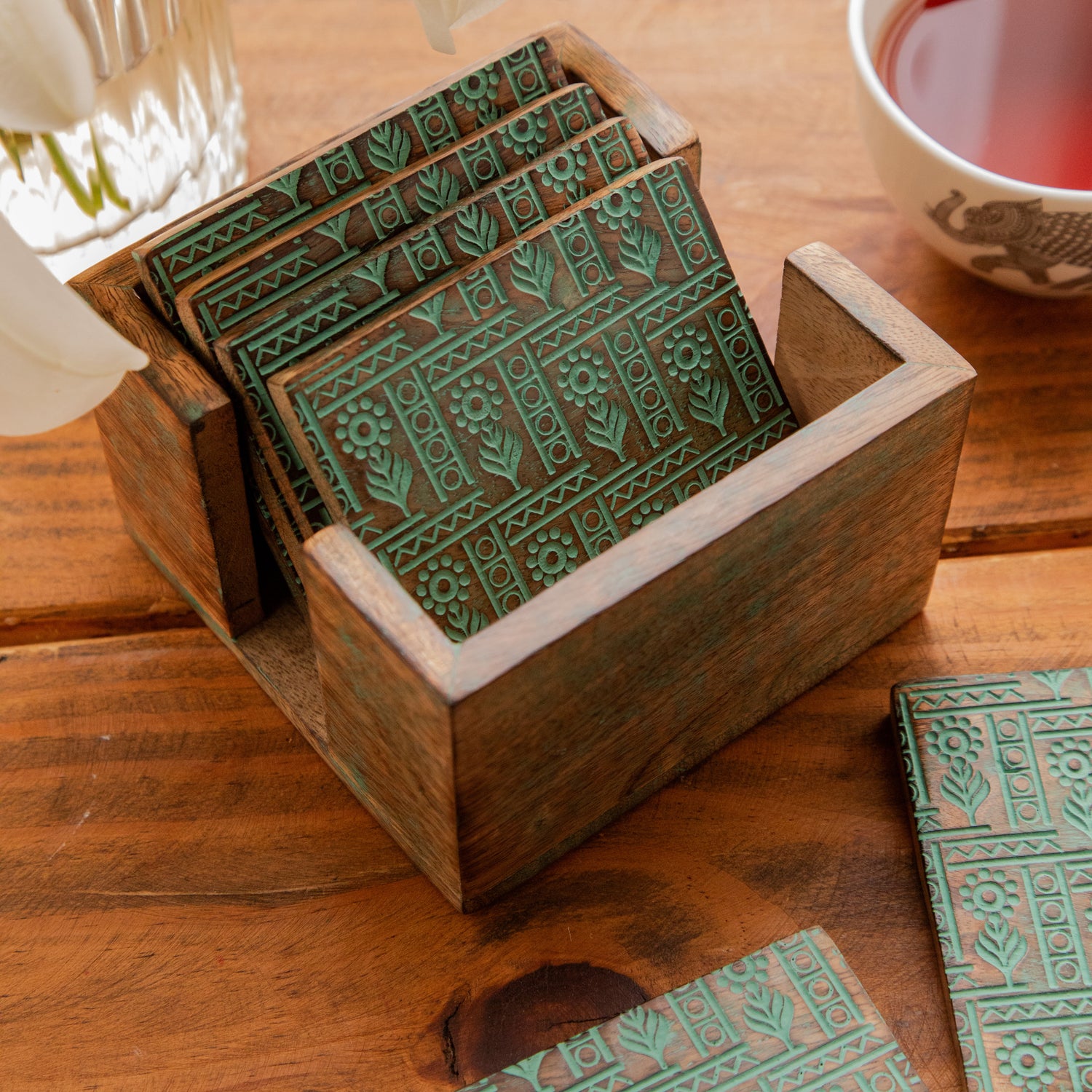Tribal Motif Sesham Wood Coasters with Holder– Handcrafted Set of 6