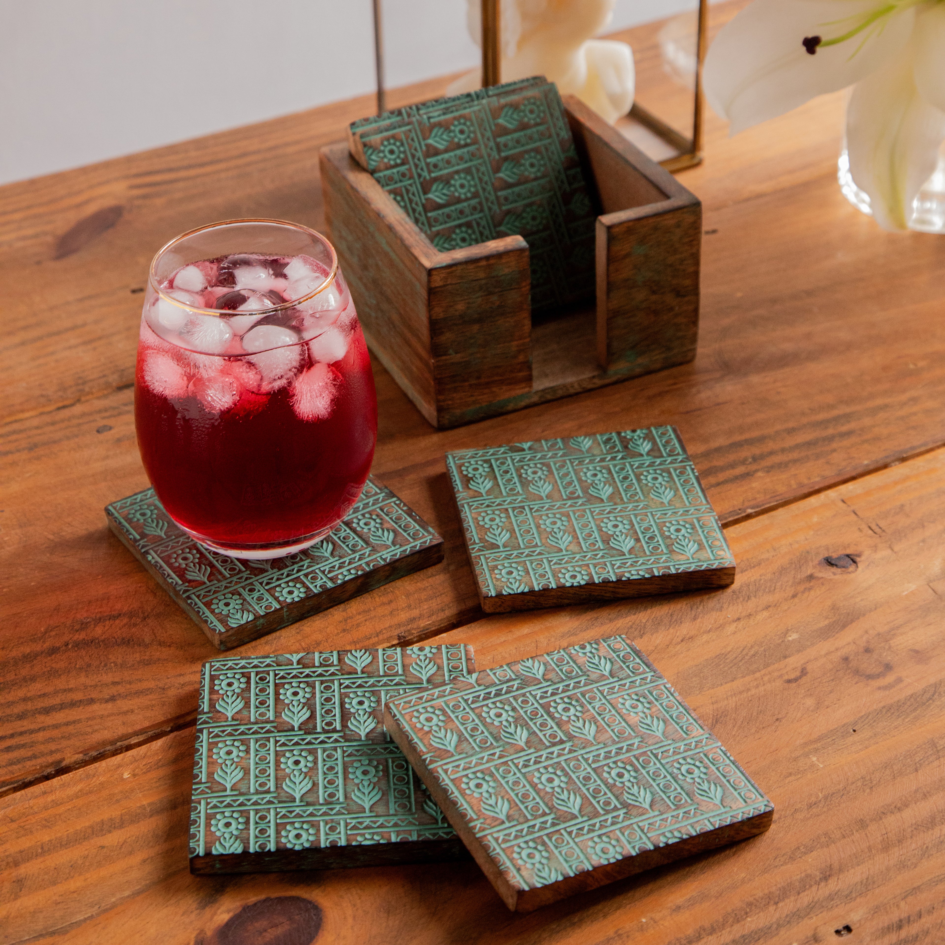 Tribal Motif Sesham Wood Coasters with Holder– Handcrafted Set of 6