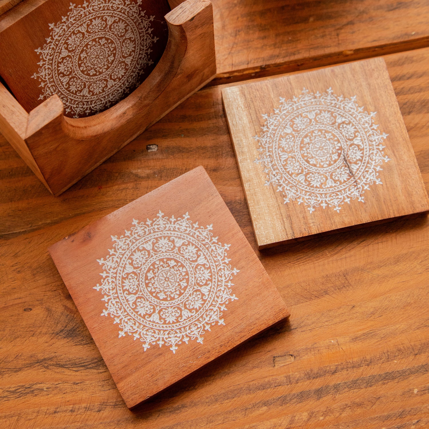 Serenity Mandala Sesham Wood Coasters with Holder – Handcrafted Set of 6