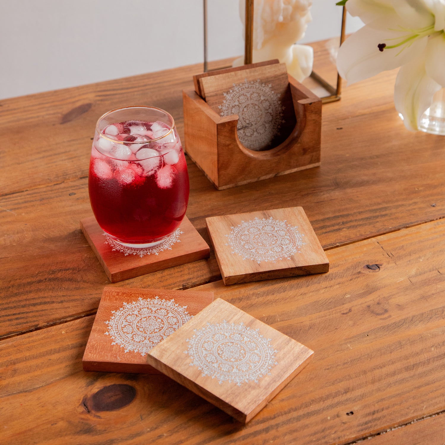 Serenity Mandala Sesham Wood Coasters with Holder – Handcrafted Set of 6