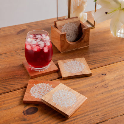 Serenity Mandala Sesham Wood Coasters with Holder – Handcrafted Set of 6