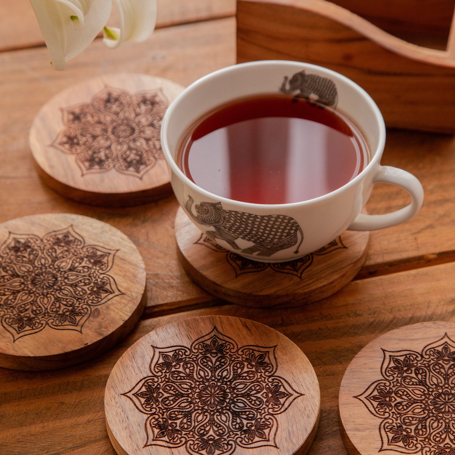 Mystic Lotus Round Sesham Wood Coasters with Holder – Handcrafted Set of 6