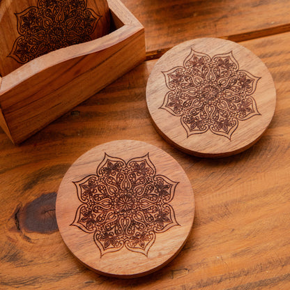 Mystic Lotus Round Sesham Wood Coasters with Holder – Handcrafted Set of 6