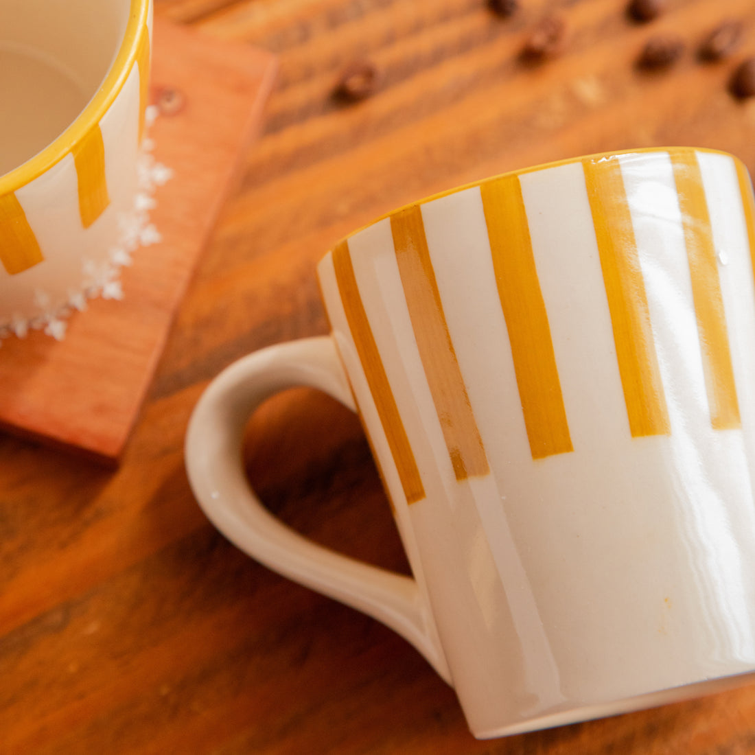 Amber Stripe Hand-Painted Ceramic Mug – 300 ml (Set of 2)