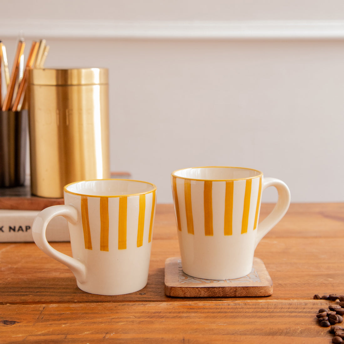 Amber Stripe Hand-Painted Ceramic Mug – 300 ml (Set of 2)