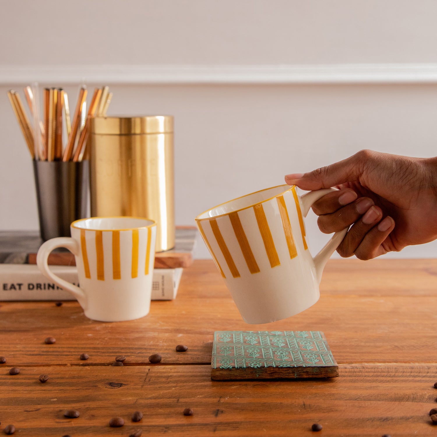 Amber Stripe Hand-Painted Ceramic Mug – 300 ml (Set of 2)